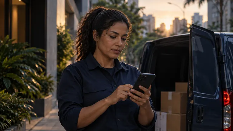 Entregadora consulta o celular ao lado de uma van estacionada em uma rua urbana.
